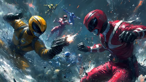 Armored color‑coded heroes clash in a storm of neon sparks