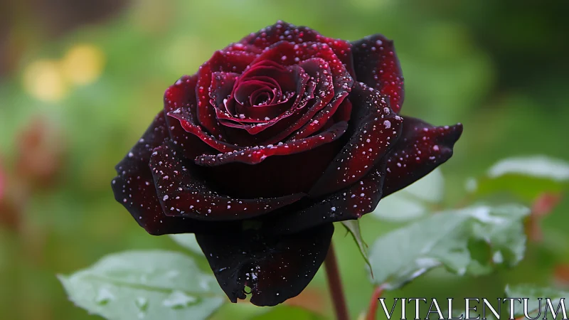 Crimson Velvet Rose: Jeweled in Midnight Dew.