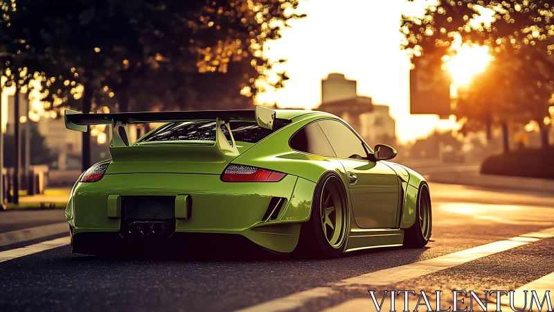 Sunlit lime-green sports coupe poised on empty city street.