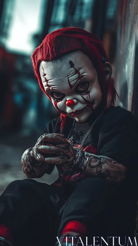 Tattooed clown doll in cinematic low key alley portrait.