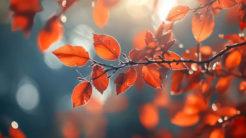 Close-up of Autumn Leaves with Soft Sunlight, Nature Photography.