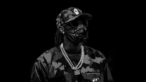 Masked streetwear icon stands in stark monochrome shadow