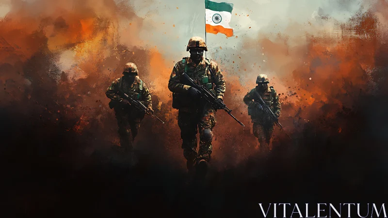 Indian soldiers advance through cinematic smoke and fire field.