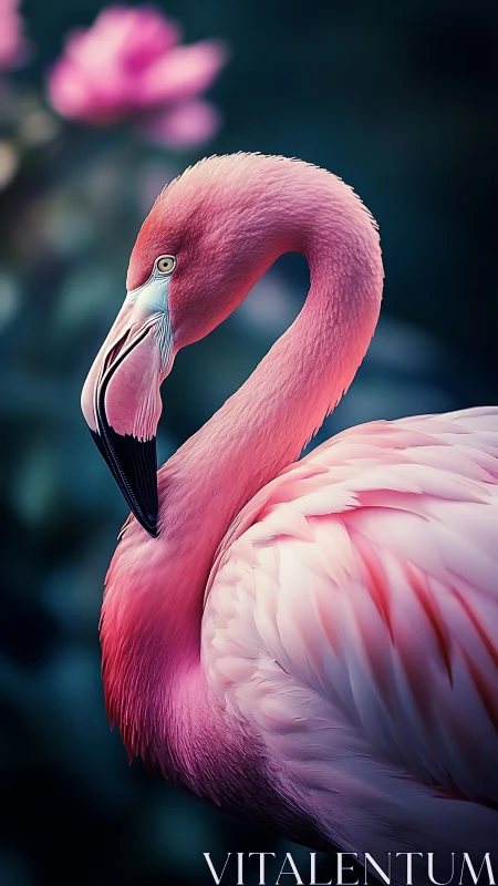 Elegant pink flamingo portrait with soft bokeh background.