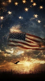 Flag of sparks and soaring dusk over amber American skies.