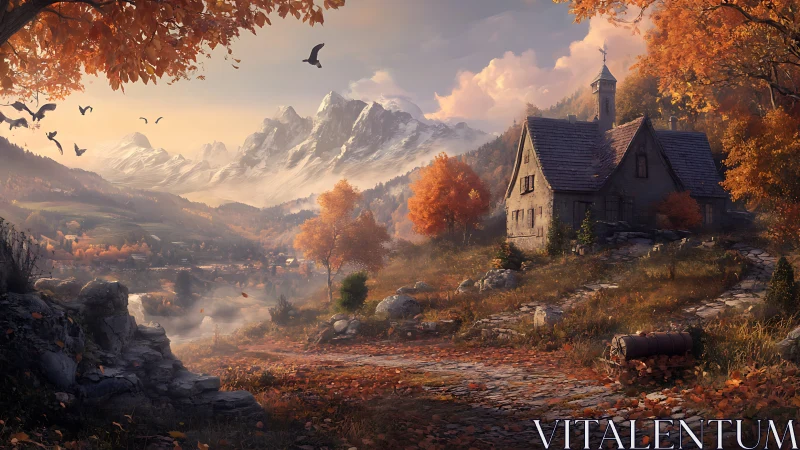 Autumn valley cottage with misty mountains and warm rim light.