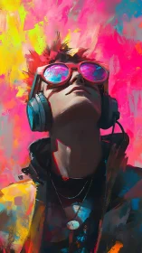 Neon daydream listener crowned in electric paint storms.