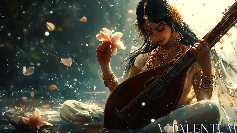 Lotus strings and starlit song bathing a golden river of calm.