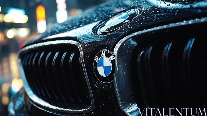 Close-up of wet BMW front grille and emblem at night.