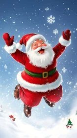 Joyful Santa leaps through sparkling winter snowflakes