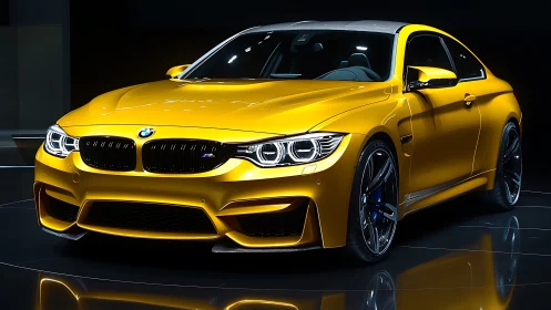 Yellow BMW coupe displayed under controlled studio lighting