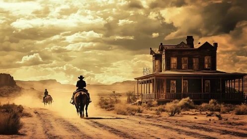 Cowboys ride past a lonely frontier saloon at dusty sunset