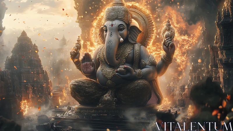Majestic Ganesha statue radiates firelit divine serenity.