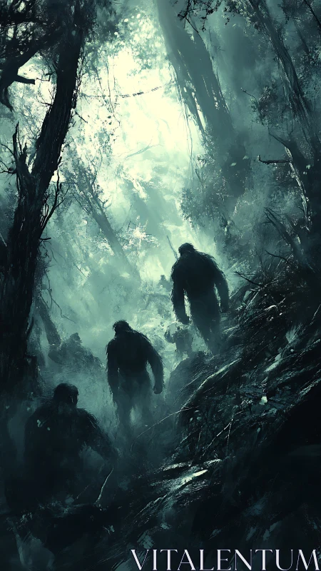 Silhouetted forest creatures traverse mist-heavy ravine.