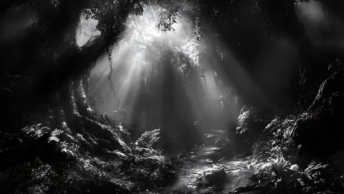 Sunlit forest cave with dense vegetation and atmospheric light rays