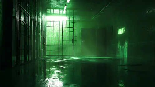 Green illuminated corridor with barred gate and wet floor.