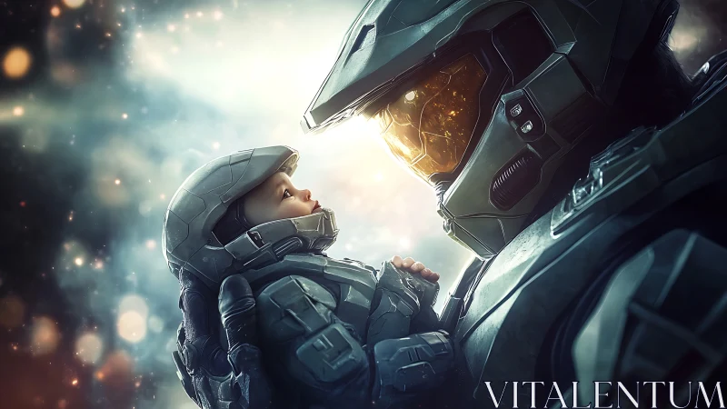 Spartan soldier confronts armored giant in sci-fi realm.