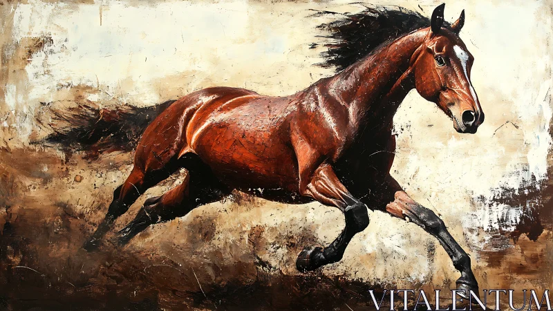 Galloping chestnut horse cuts through textured desert dust