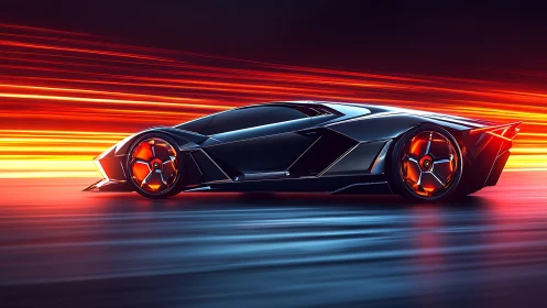 Futuristic low-profile sports car with motion light trails.