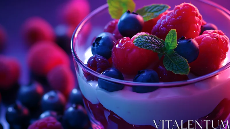 Berry yogurt parfait under neon cinematic lighting.