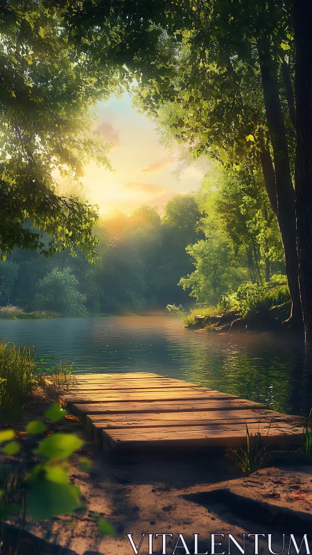 Golden forest lake dock glows softly in warm evening light.