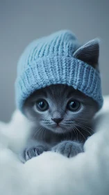 Gray kitten wearing blue knit hat in snow.