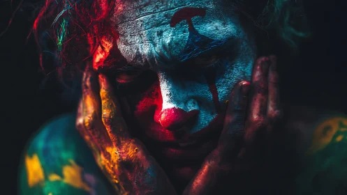 Portrait shows painted clown face in low key close-up view