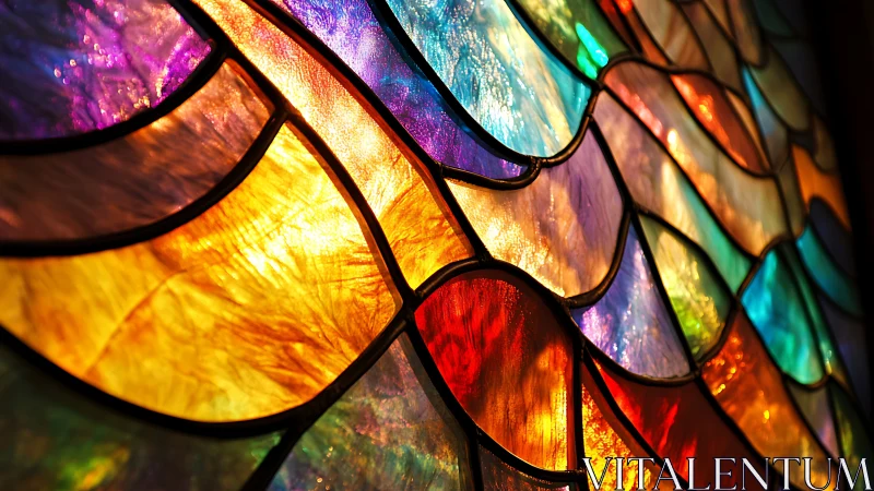 Colorful abstract stained glass window with curved segments.