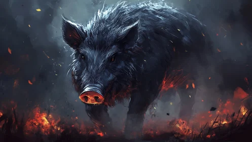 Wild boar strides through embers in a storm of sparks.