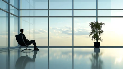 Executive Contemplation: High-Rise Office Interior with Skyline View.