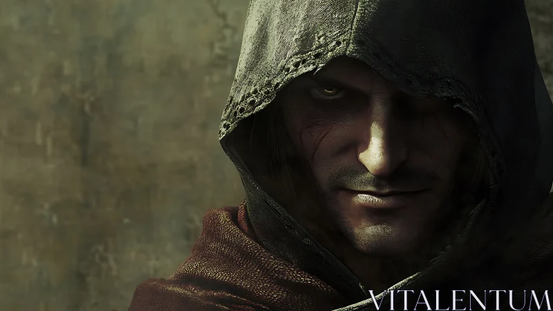 Hooded rogue glares from darkness with sharp, menacing gaze