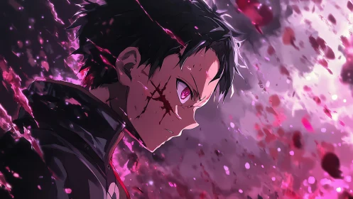 Scarred anime warrior amid explosive crimson energy storm.
