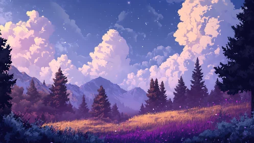 Twilight alpine meadow under luminous cumulus and starlit sky