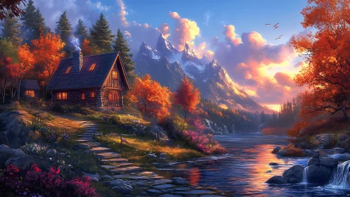 Mountain cabin by river in vivid autumn evening light.