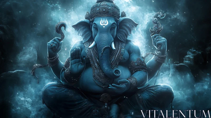 Divine blue elephant deity in luminous cosmic meditation.
