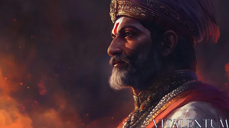 Embers crown a warrior king in solemn, firelit remembrance