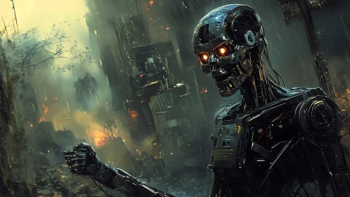 Humanoid combat robot surveys a burning ruined cityscape