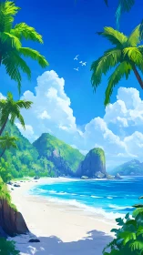Tropical Paradise Beach Cove with Palm Fronds.