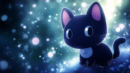 Night scene with stylized black cat in glowing bokeh field.