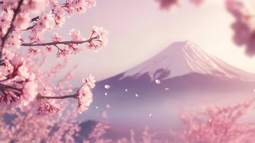 Cherry blossoms in front of snow capped mountain landscape.