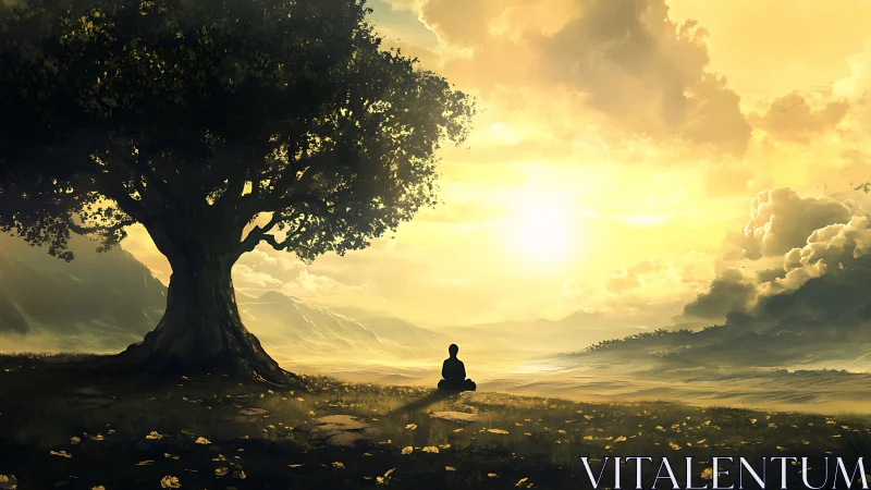 Golden sunrise meditation beneath a wise, sheltering tree.