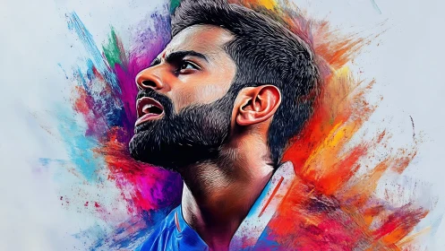 Expressive male portrait amid explosive color strokes.