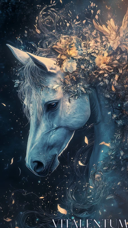 Equine portrait merges floral crown and luminous particles in motion