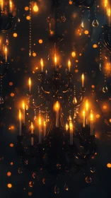 Dark crystal chandelier with multiple glowing candle flames