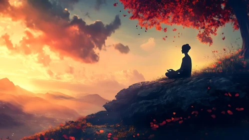 Person meditating on cliff edge under vivid sunset sky.