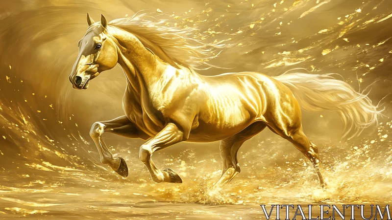 Radiant golden stallion galloping through liquid light.
