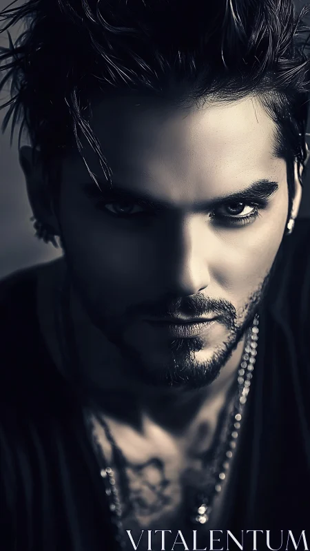 Monochrome close portrait of bearded man with styled hair.