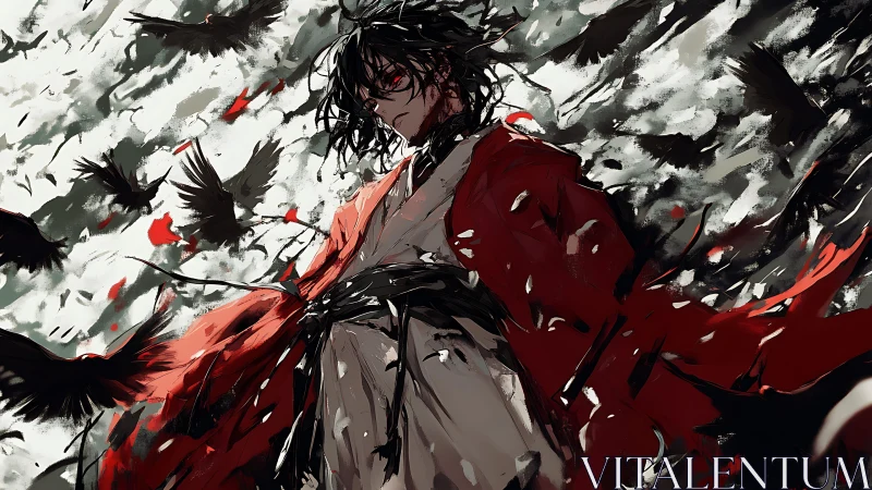 Storm-eyed warrior stands amid ravens in a crimson tempest