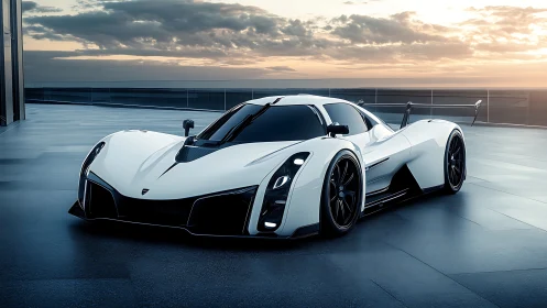 Futuristic white hypercar on rooftop terrace at sunset.