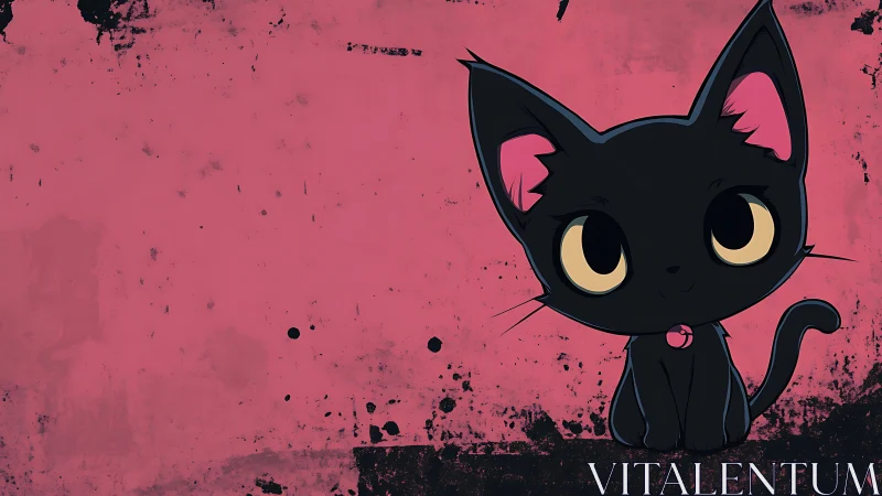 Stylized black kitten on distressed magenta grunge backdrop.
